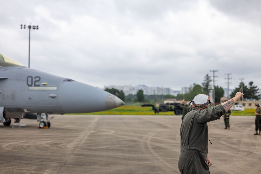 U.S. Marine Corps F/A-18 Hornets Fly Out of South Korea