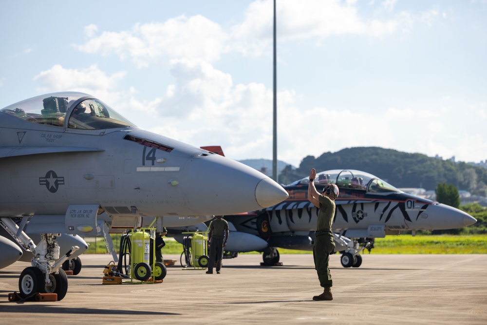 U.S. Marine Corps F/A-18 Hornets Fly Out of South Korea