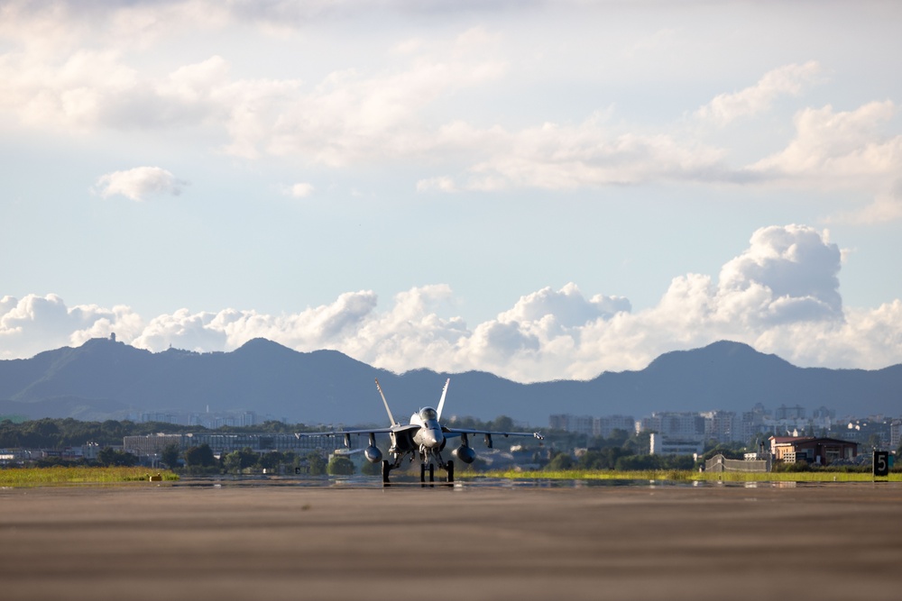 U.S. Marine Corps F/A-18 Hornets Fly Out of South Korea