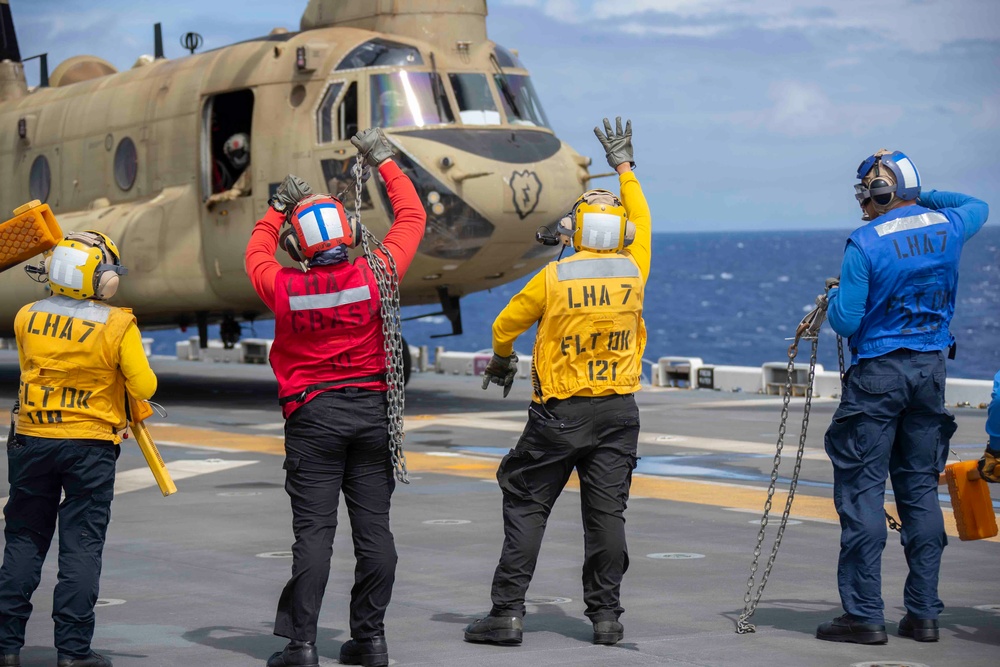 CH-47 Lands on USS Tripoli Flight Deck