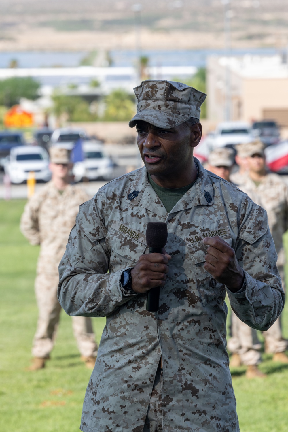 Delgadillo is relieved by Miranda as the 2/7 Sergeant Major during a relief and appointment ceremony