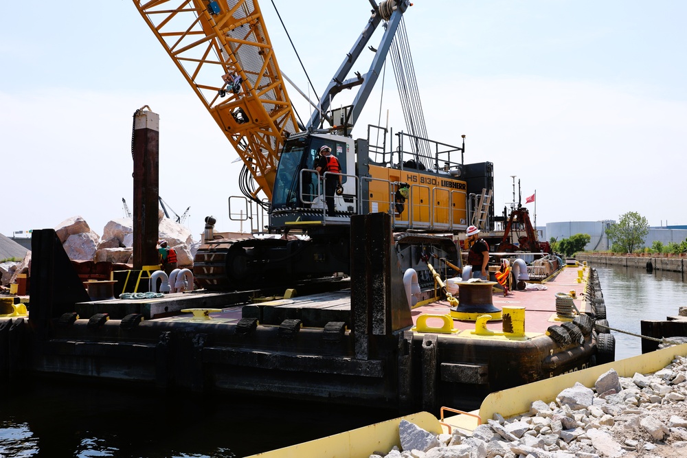 USACE Chicago, Lake Michigan Floating Plant works on Milwaukee Harbor south breakwater