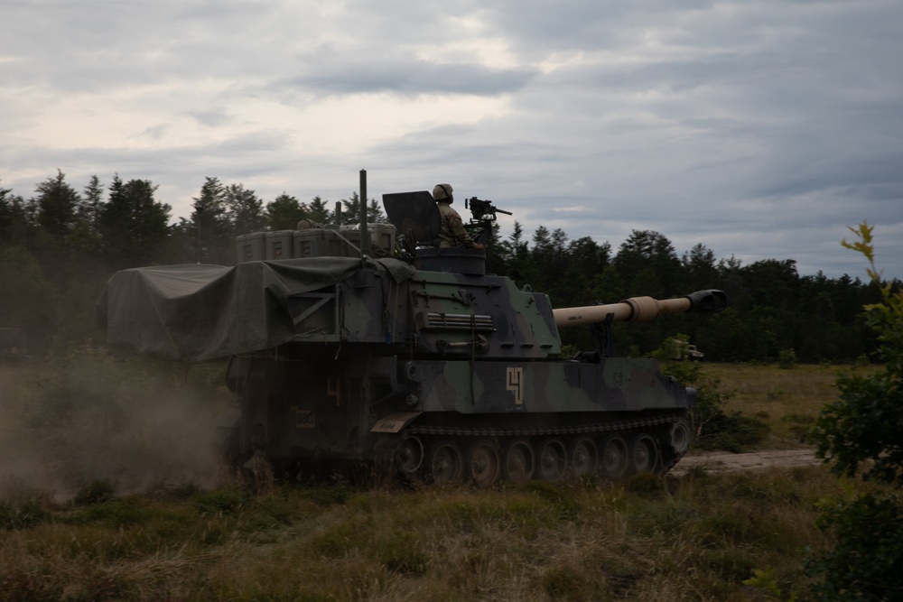 B Battery, 1st Battalion, 201st Field Artillery Regiment reacts to contact and shoots illumination rounds during Northern Strike 2024