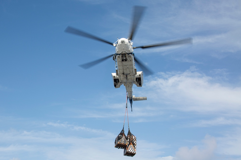 Abraham Lincoln receives cargo during a vertical replenishment