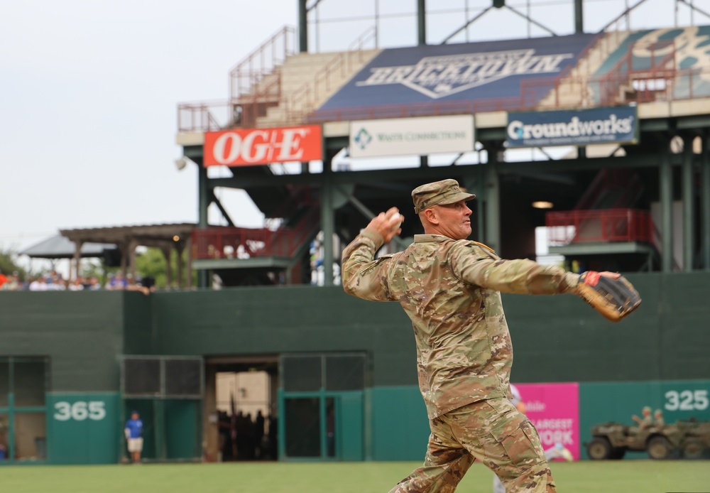 FCOE CG throws ceremonial first pitch for OKCBC