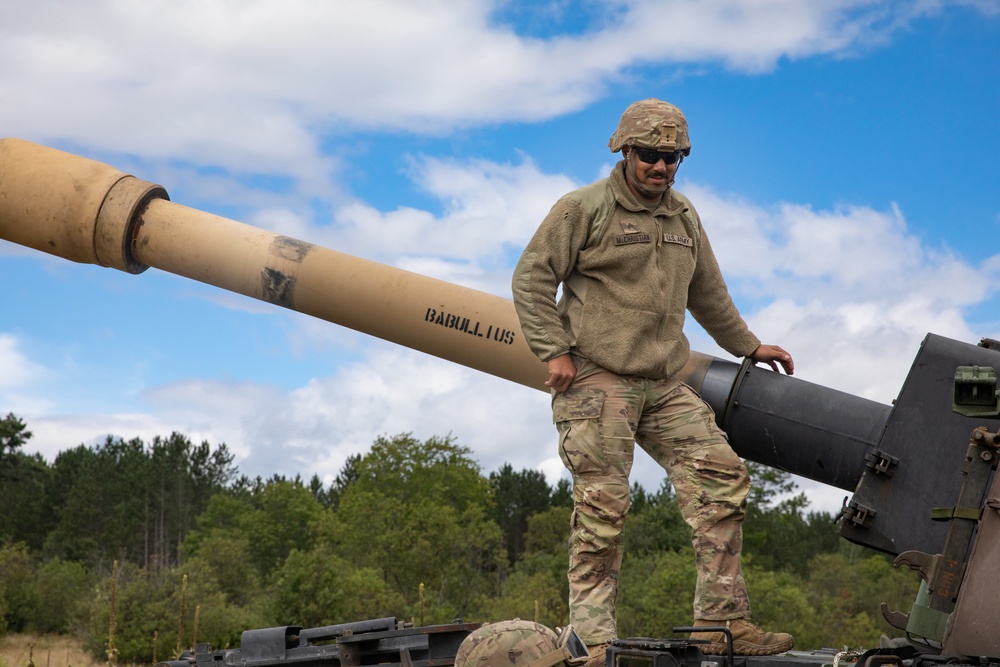 B Battery, 1st Battalion, 201st Field Artillery Regiment reacts to contact and shoots illumination rounds during Northern Strike 2024