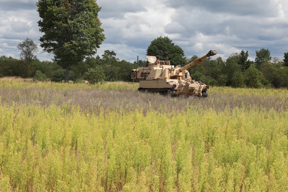 B Battery, 1st Battalion, 201st Field Artillery Regiment reacts to contact and shoots illumination rounds during Northern Strike 2024