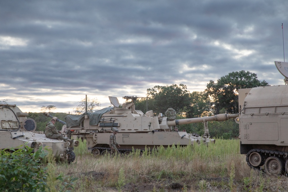 B Battery, 1st Battalion, 201st Field Artillery Regiment reacts to contact and shoots illumination rounds during Northern Strike 2024