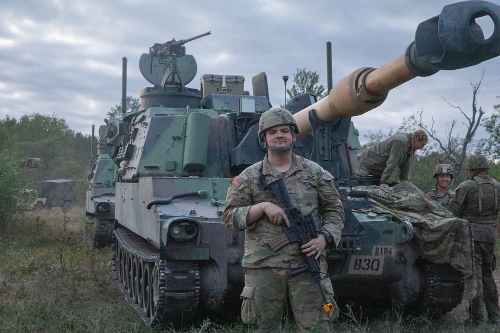 B Battery, 1st Battalion, 201st Field Artillery Regiment reacts to contact and shoots illumination rounds during Northern Strike 2024