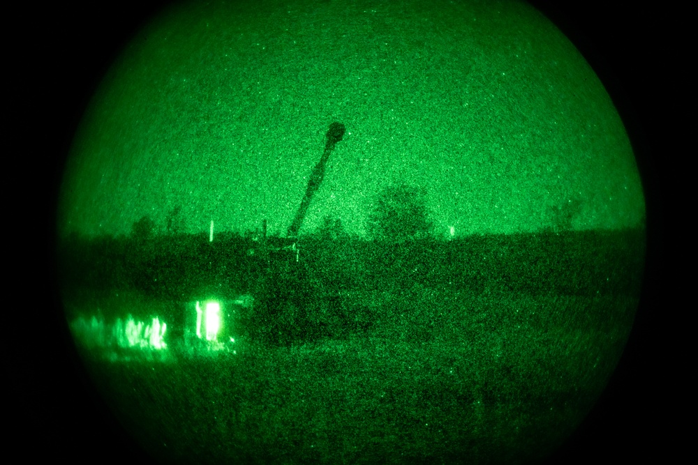 B Battery, 1st Battalion, 201st Field Artillery Regiment reacts to contact and shoots illumination rounds during Northern Strike 2024