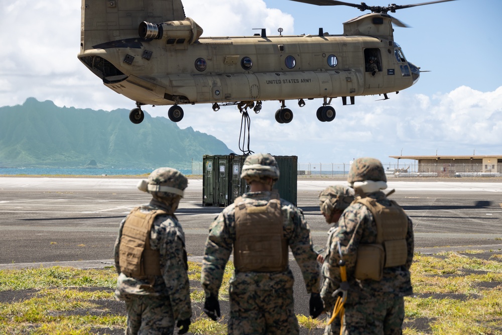 Sky Bound: MWSS-174 Marines and 3-25 GSAB conduct external lift operations in preparation for FARP operations