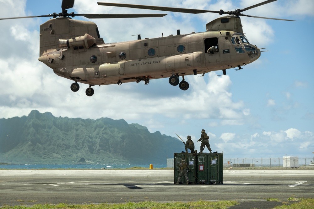 Sky Bound: MWSS-174 Marines and 3-25 GSAB conduct external lift operations in preparation for FARP operations