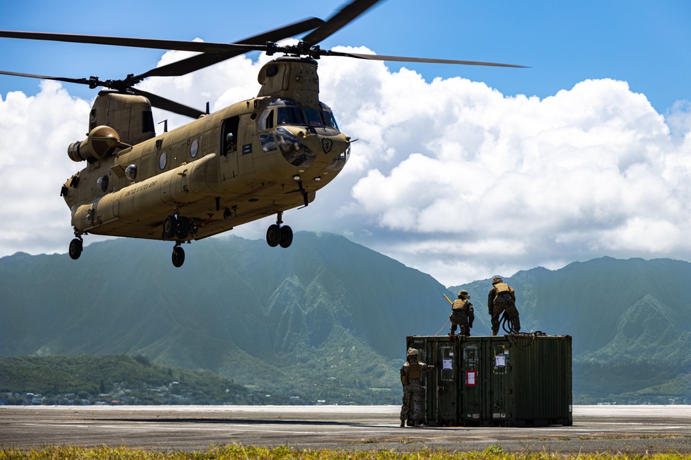 Sky Bound: MWSS-174 Marines and 3-25 GSAB conduct external lift operations in preparation for FARP operations