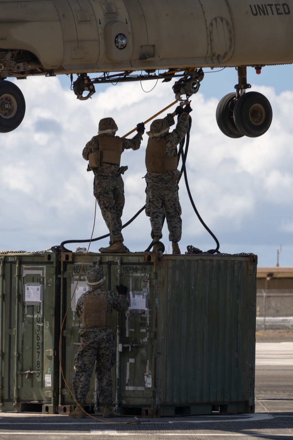 Sky Bound: MWSS-174 Marines and 3-25 GSAB conduct external lift operations in preparation for FARP operations