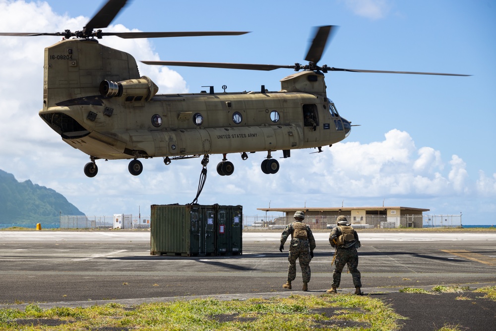 Sky Bound: MWSS-174 Marines and 3-25 GSAB conduct external lift operations in preparation for FARP operations