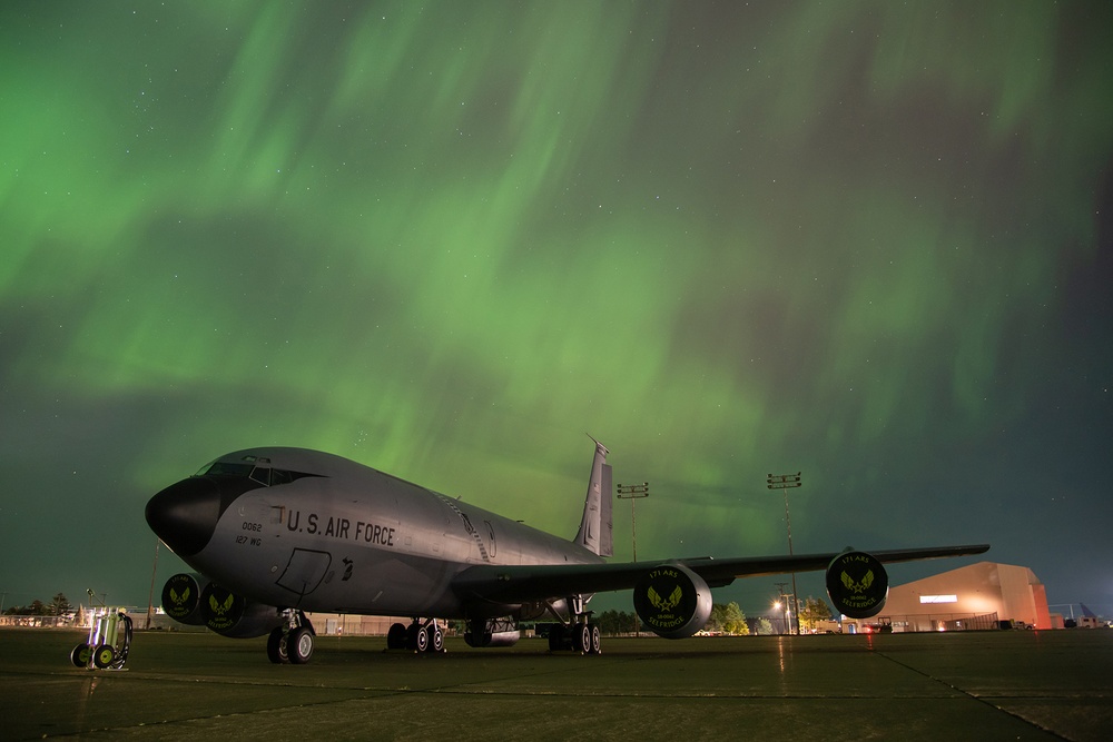 127th Wing tankers under the Northern Lights