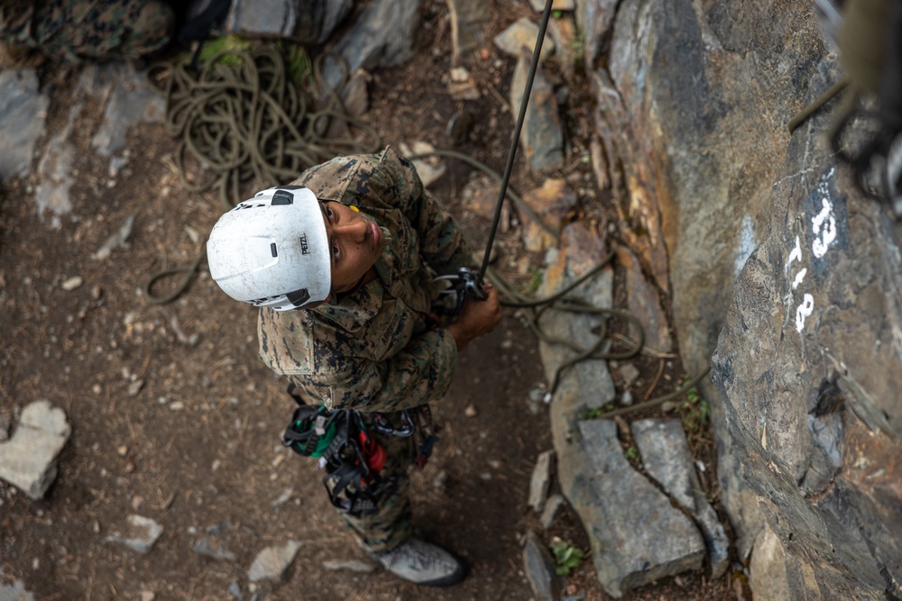 Marines with 2nd Battalion, 1st Marine Regiment conduct lead climbing exercise during MTX 5-24