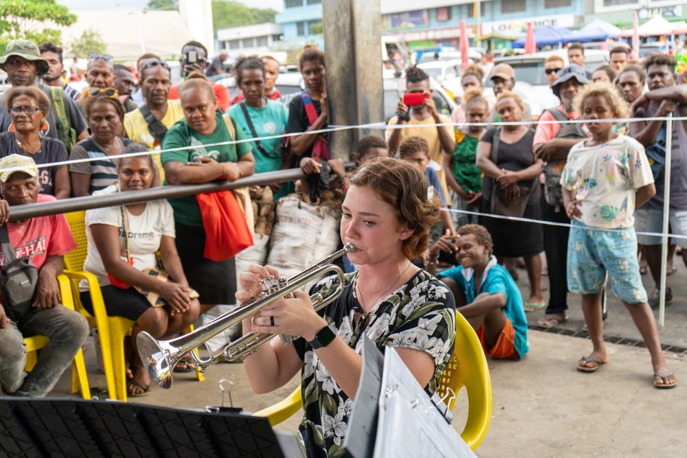 MARFORPAC band performs at Central Market in Guadalcanal