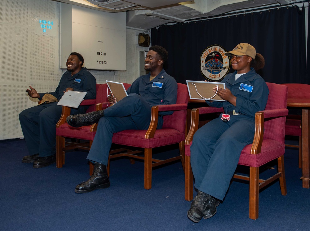 USS Blue Ridge holds helmsman knowledge competition as part of a training exercise.