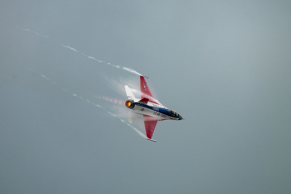 The U.S. Air Force F-16 Viper Demonstration Team performs at the Dayton International Airshow