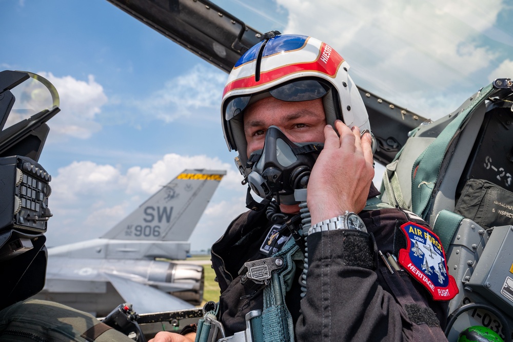 The U.S. Air Force F-16 Viper Demonstration Team performs at the Dayton International Airshow