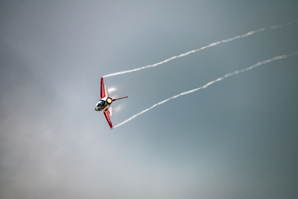 The U.S. Air Force F-16 Viper Demonstration Team performs at the Dayton International Airshow