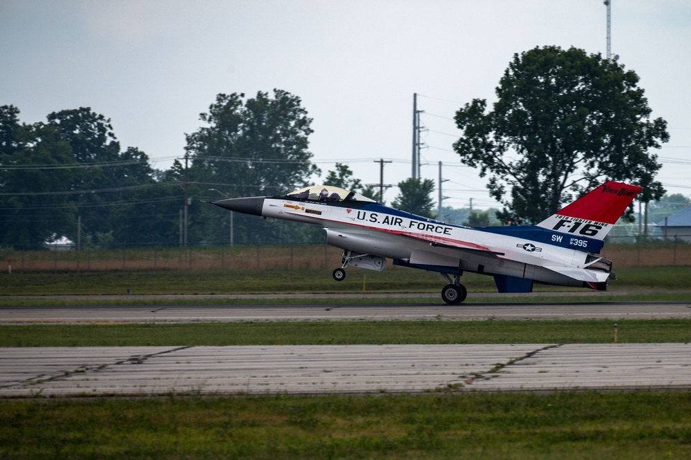 The U.S. Air Force F-16 Viper Demonstration Team performs at the Dayton International Airshow