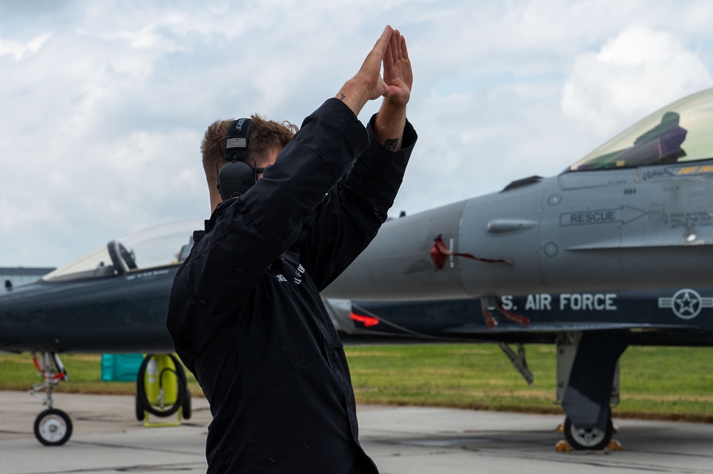 The U.S. Air Force F-16 Viper Demonstration Team performs at the Dayton International Airshow