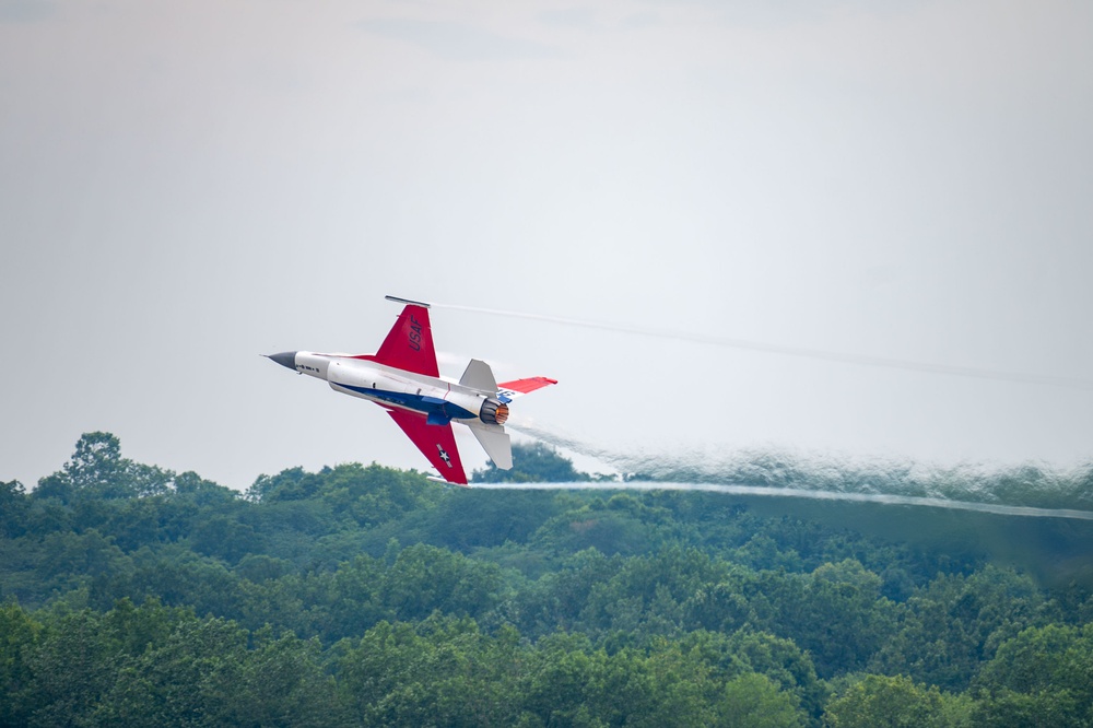 The U.S. Air Force F-16 Viper Demonstration Team performs at the Wright-Patterson Air Force Base F-16 50th anniversary event