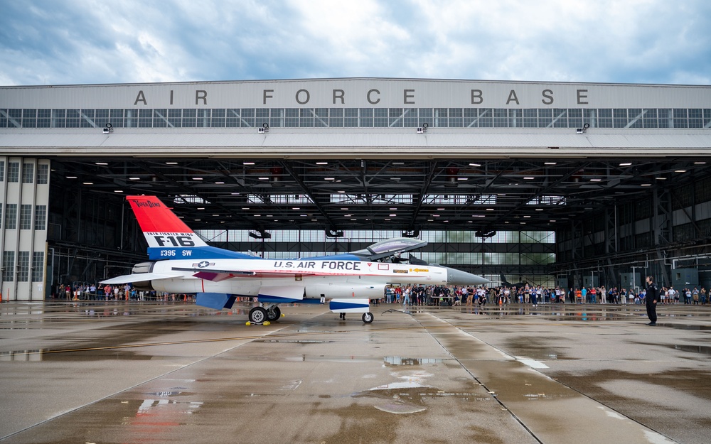 The U.S. Air Force F-16 Viper Demonstration Team performs at the Wright-Patterson Air Force Base F-16 50th anniversary event