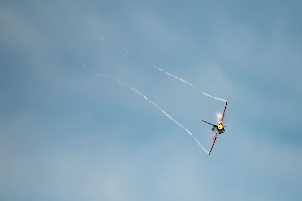 The U.S. Air Force F-16 Viper Demonstration Team performs at the Wright-Patterson Air Force Base F-16 50th anniversary event