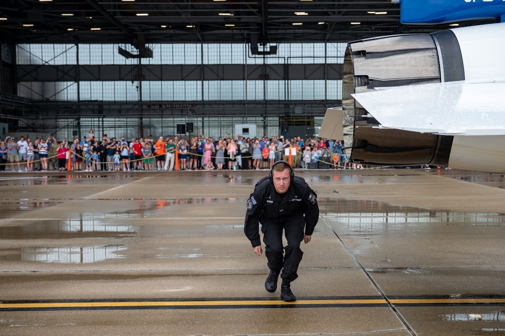 The U.S. Air Force F-16 Viper Demonstration Team performs at the Wright-Patterson Air Force Base F-16 50th anniversary event