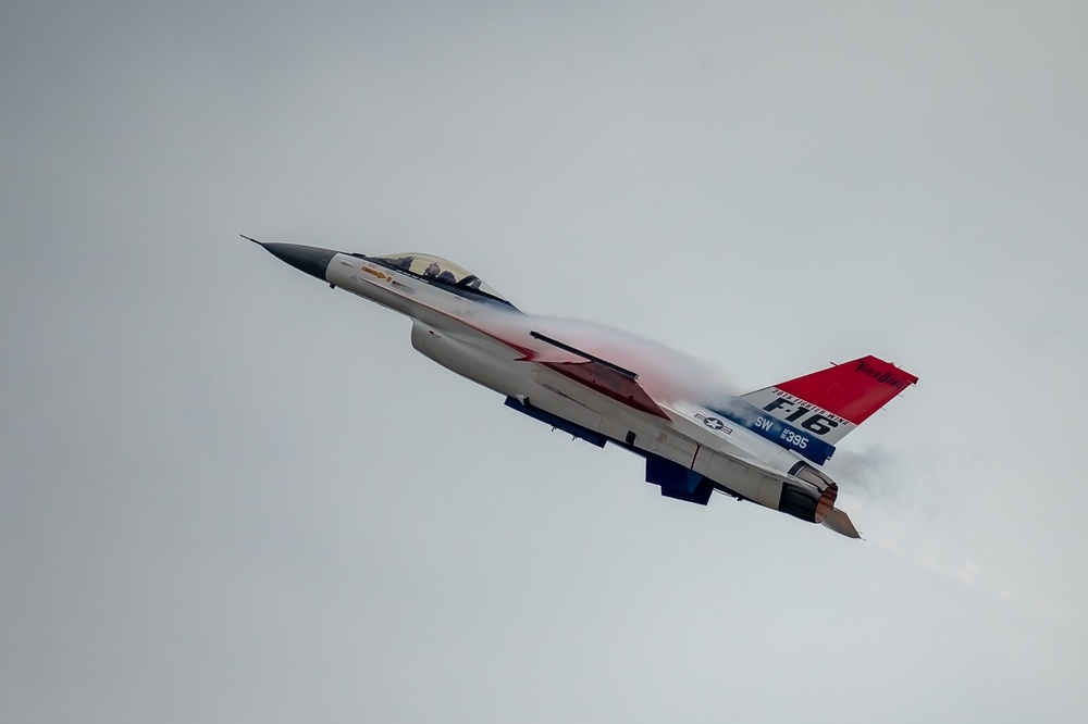 The U.S. Air Force F-16 Viper Demonstration Team performs at the Wright-Patterson Air Force Base F-16 50th anniversary event