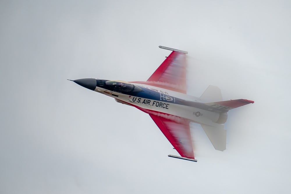 The U.S. Air Force F-16 Viper Demonstration Team performs at the Wright-Patterson Air Force Base F-16 50th anniversary event