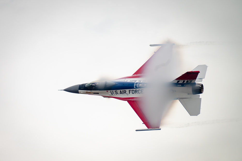 The U.S. Air Force F-16 Viper Demonstration Team performs at the Wright-Patterson Air Force Base F-16 50th anniversary event