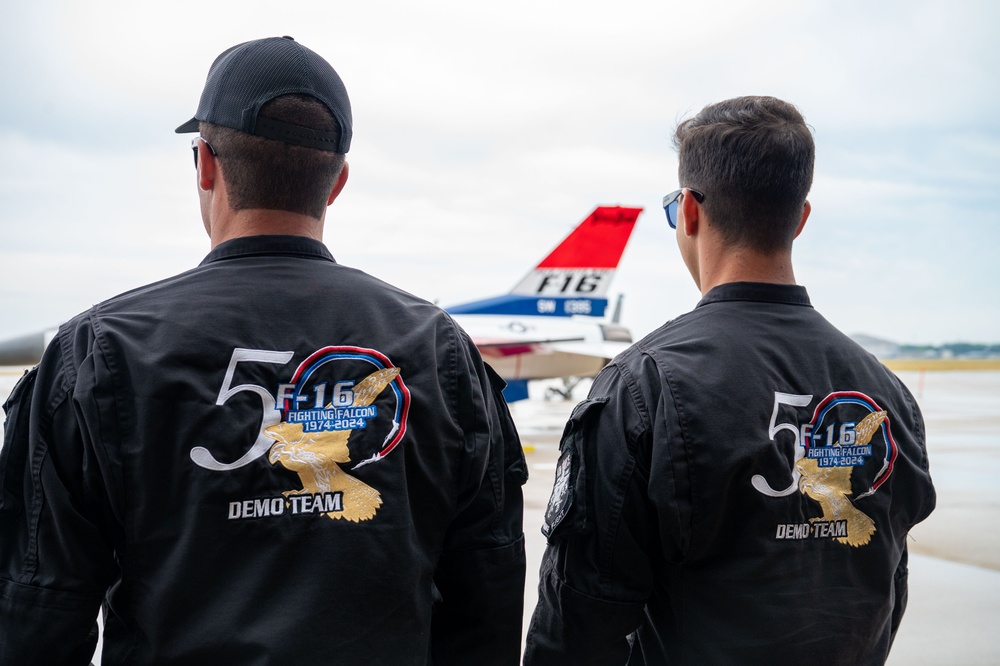 The U.S. Air Force F-16 Viper Demonstration Team performs at the Wright-Patterson Air Force Base F-16 50th anniversary event