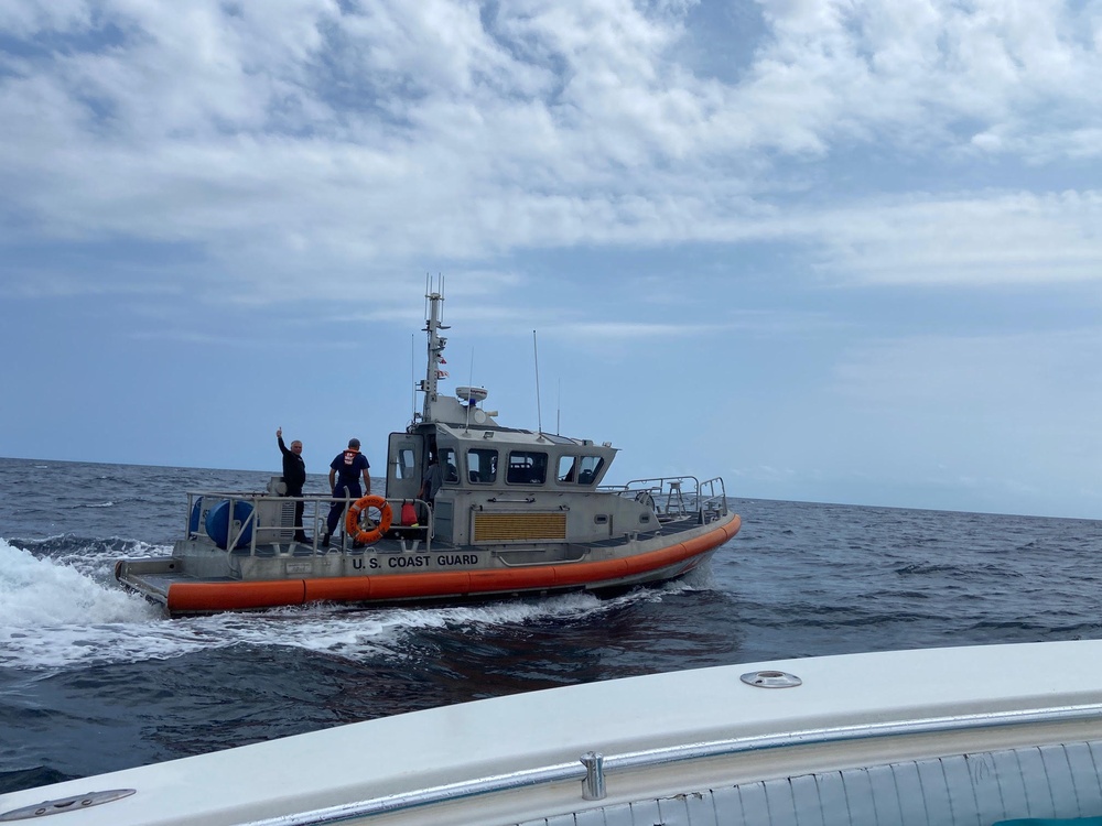 A Coast Guard Wrightsville Beach rescue team and good Samaritans rescued a missing 54-year-old diver 24 miles east of Bald Head Island, North Carolina, on August 13, 2024. He was reportedly diving alone and was only supposed to dive for an hour, but 30 minutes after his time to surface was up, his wife called the sector. (Photo courtesy of Instigator Fishing and Diving Charters)