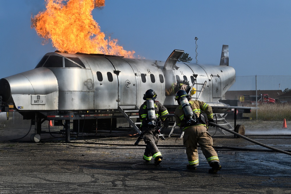 Grayling and Frederic Township fire departments trained together on an aircraft fire simulator