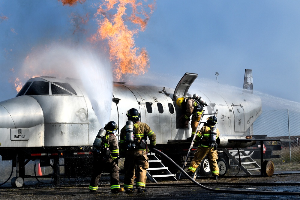 Grayling and Frederic Township fire departments trained together on an aircraft fire simulator
