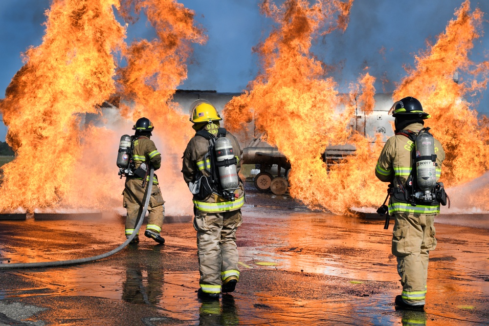 Grayling and Frederic Township fire departments trained together on an aircraft fire simulator