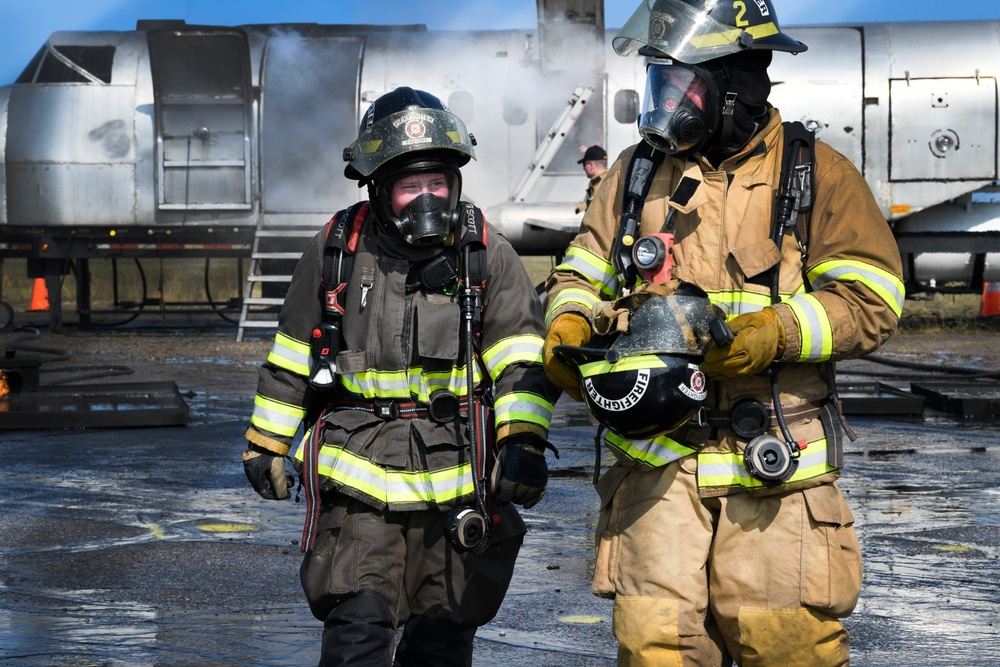 Grayling and Frederic Township fire departments trained together on an aircraft fire simulator