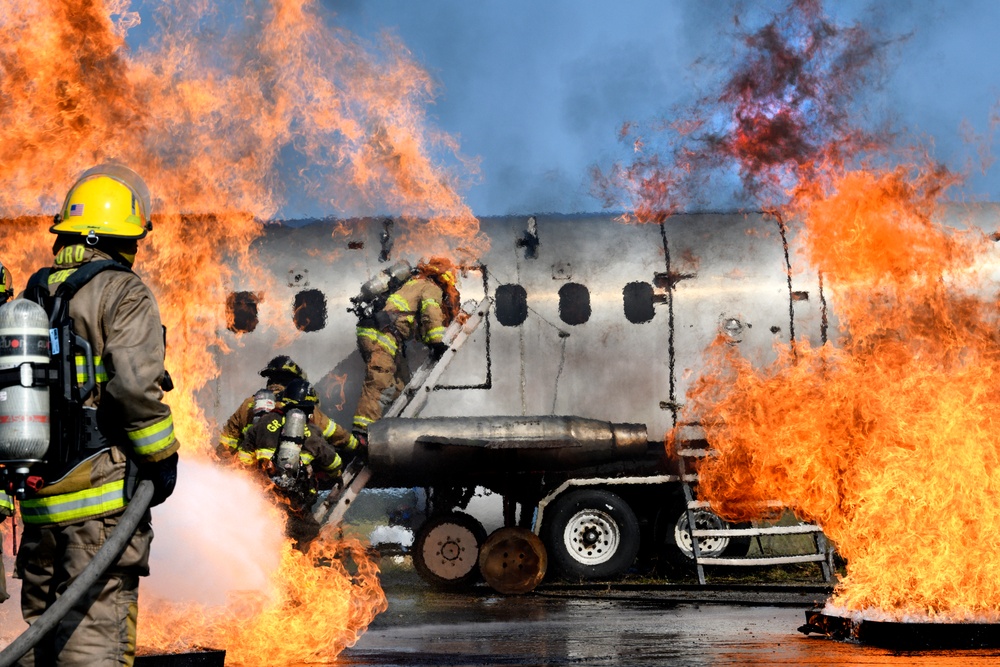 Grayling and Frederic Township fire departments trained together on an aircraft fire simulator