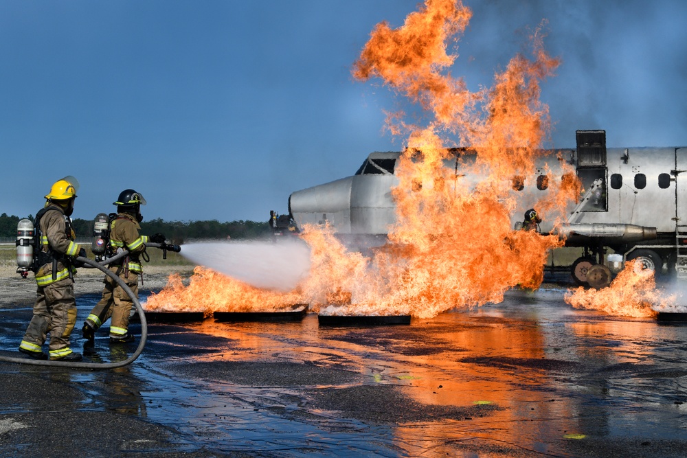 Grayling and Frederic Township fire departments trained together on an aircraft fire simulator