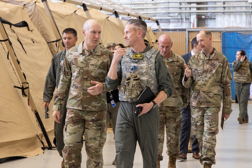 U.S. Air Force Chief of Staff Gen. David Allvin meets with U.S. Air Force Col. Keagan McLeese, 9th Reconnaissance Wing commander, during Exercise Bamboo Eagle 24-3 on Edwards Air Force Base