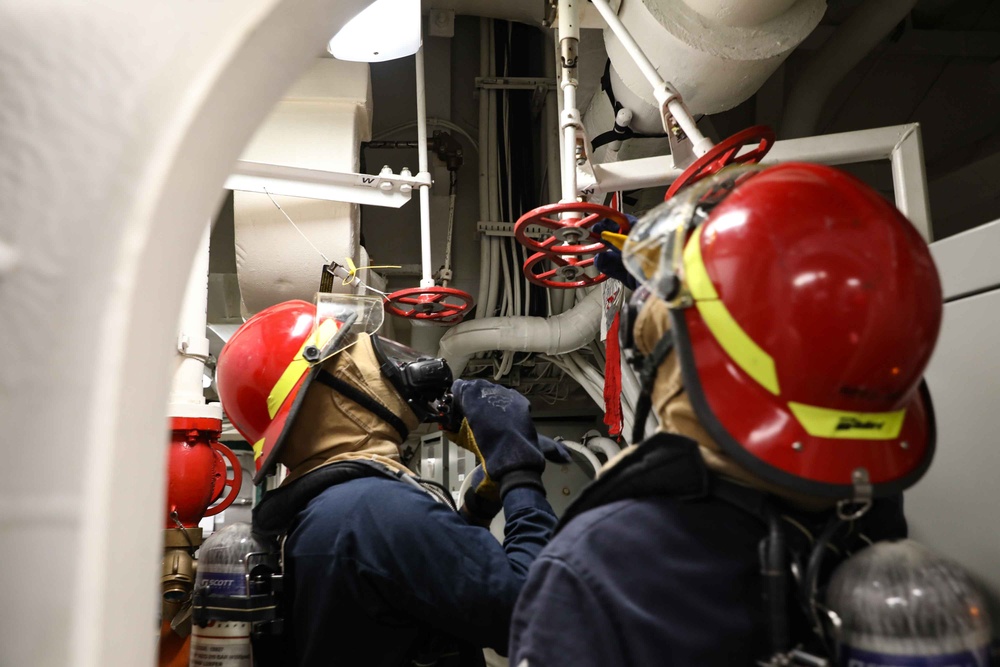 ATLANTIC OCEAN (Aug. 7, 2024) Sailors assigned to the Arleigh Burke-class guided-missile destroyer USS Jason Dunham (DDG 109), inspect pipes for damage during General Quarters.