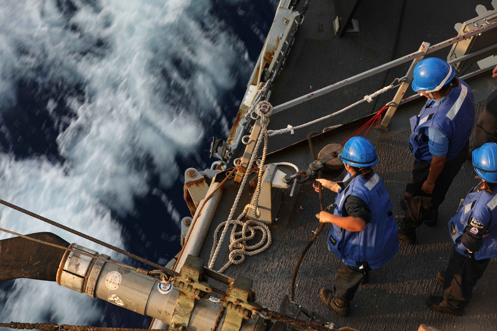 ATLANTIC OCEAN (Aug. 1, 2024) Sailors assigned to the Arleigh Burke-class guided-missile destroyer USS Jason Dunham (DDG 109), prepare a breakaway line during a replenishment-at-sea while underway for Composite Training Unit Exercise (COMPTUEX)