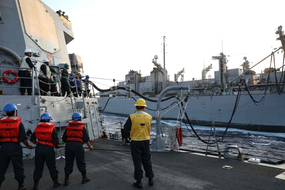 ATLANTIC OCEAN (Aug. 1, 2024) Sailors assigned to the Arleigh Burke-class guided-missile destroyer USS Jason Dunham (DDG 109), pay out slack on the messenger line while doing a replenishment-at-sea.