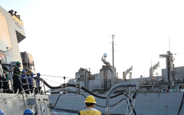 ATLANTIC OCEAN (Aug. 1, 2024) Sailors assigned to the Arleigh Burke-class guided-missile destroyer USS Jason Dunham (DDG 109), pay out slack on the messenger line while doing a replenishment-at-sea.