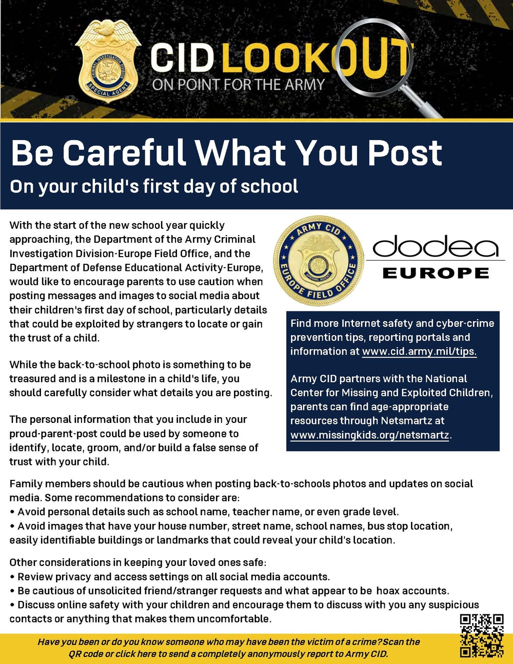 Army CID and DoDEA Europe Urge Caution with Back-to-School Social Media Posts