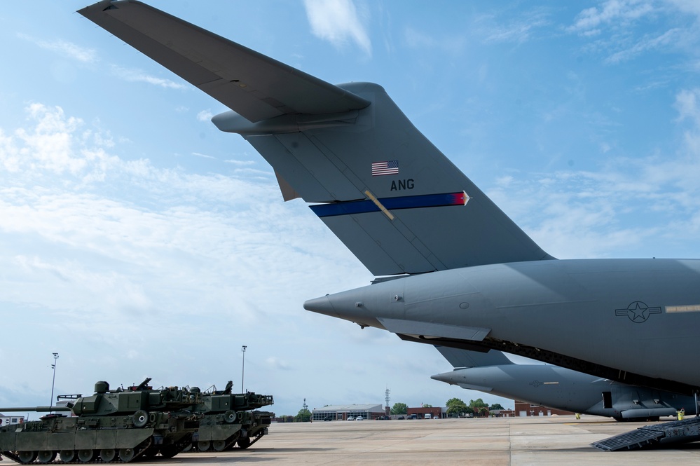 The 145th Airlift Wing loads an M10 Booker Combat Vehicle